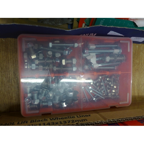 2053 - 2 Boxes of assorted tools and consumables, screws, nuts and bolts, spannes, files, drill bits, set s... 