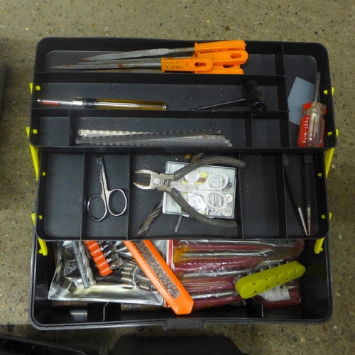 2063 - Four toolboxes with tools - one metal, three plastic