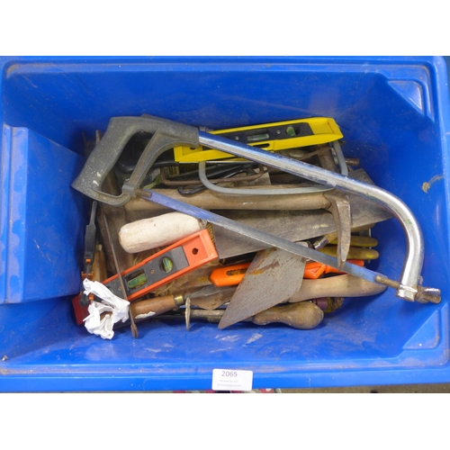 2065 - Two plastic boxes of assorted hand tools including saws, drill stand, sockets etc