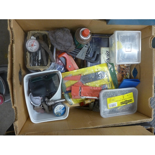 2067 - Two boxes of tools, drill bits, gauges, etc.