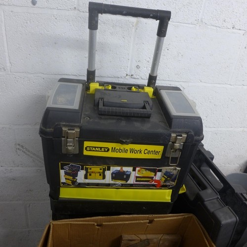 2070 - Two boxes and Stanley toolbox with assorted vintage and modern tools