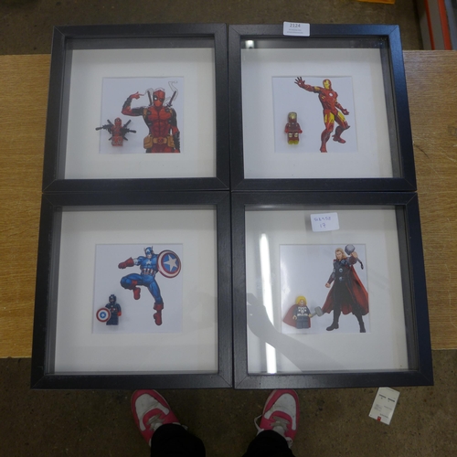 2124 - Marvel Lego Box Frame Pictures to include: Thor, Captain America, Iron Man and Deadpool