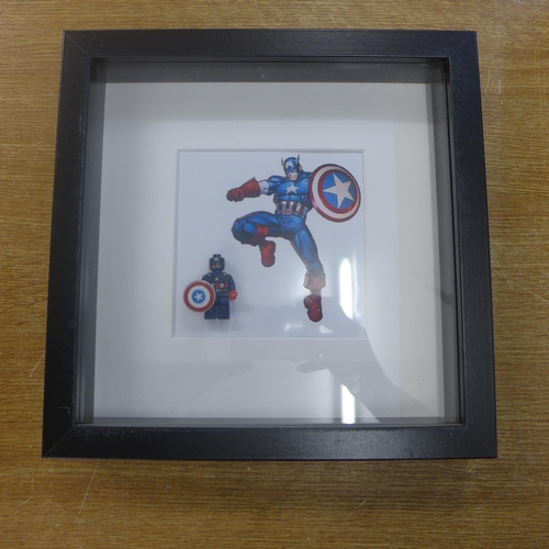 2124 - Marvel Lego Box Frame Pictures to include: Thor, Captain America, Iron Man and Deadpool