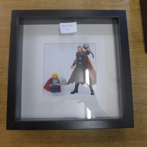 2124 - Marvel Lego Box Frame Pictures to include: Thor, Captain America, Iron Man and Deadpool