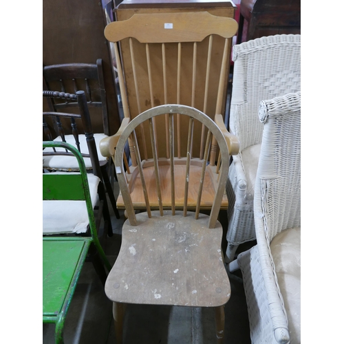 208 - A beech rocking chair, a mid 20th Century painted metal chair, an Ercol kitchen chair, two cane armc... 