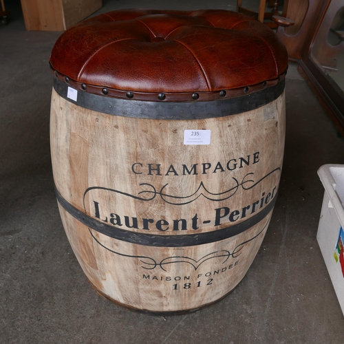 235 - A beech and leather topped Laurent Perrier advertising barrel shaped stool