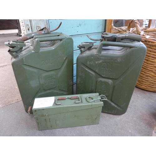 241 - Two steel Jerry cans and an ammunition box