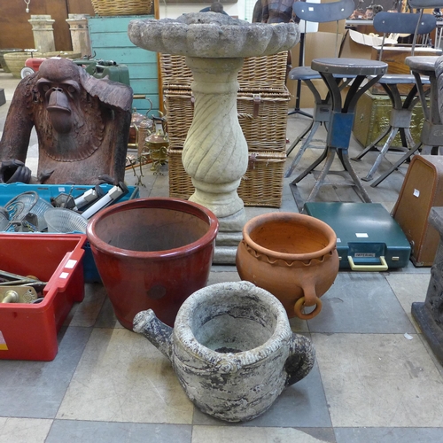 254 - Three assorted planters and a concrete bird bath on pedestal