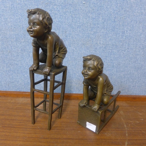 359 - A pair of bronze figures of children playing on stools, manner of J. Clara