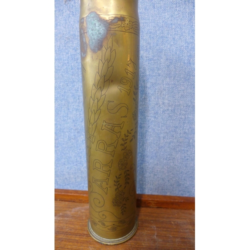 361 - A WWI trench art shell case vase, marked Arras 1917