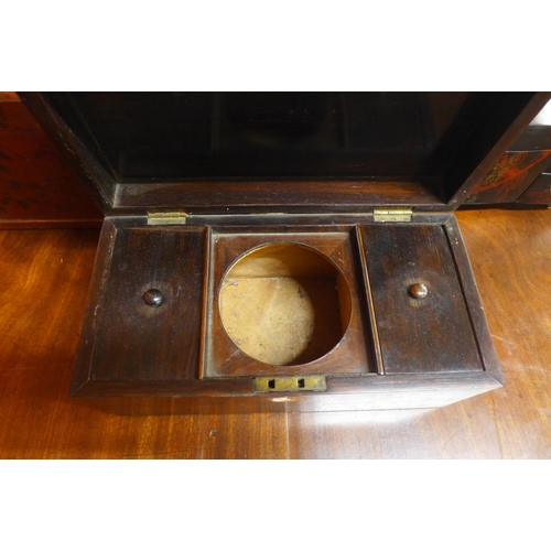 388 - A Victorian rosewood tea caddy and two oriental lacquered jewellery boxes