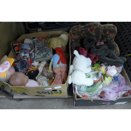 2465 - Two boxes of vintage dolls, Teddy bears and clothes