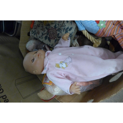 2465 - Two boxes of vintage dolls, Teddy bears and clothes