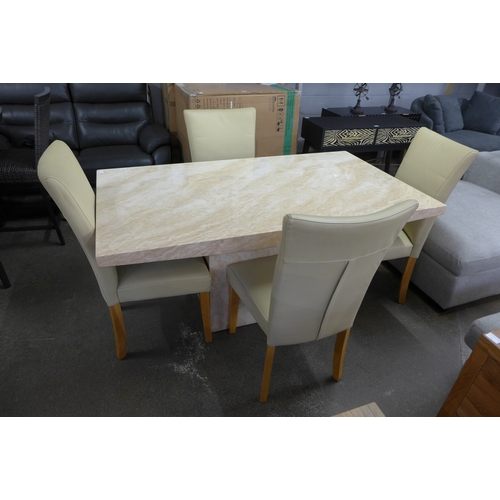 1446 - A cream marble effect dining table with a set of four cream leather dining chairs