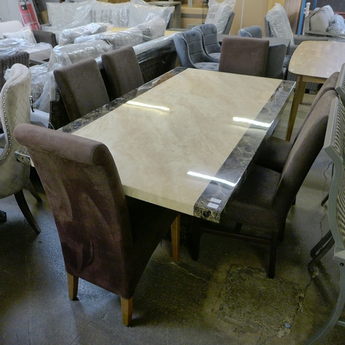 1474 - A black and cream marble effect dining table with a set of six brown leather effect dining chairs