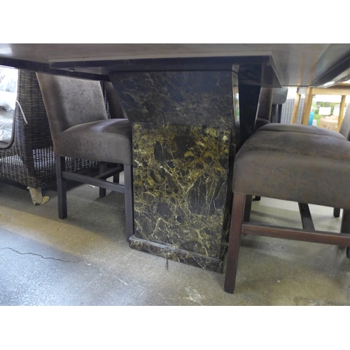 1474 - A black and cream marble effect dining table with a set of six brown leather effect dining chairs