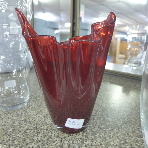 1480 - A ruby red tulip vase, a clear bubble vase and one other