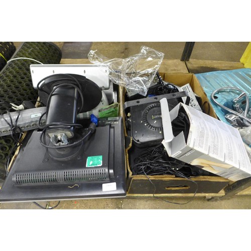 2387 - Two boxes of assorted electronics including lights, monitor, car radios and more