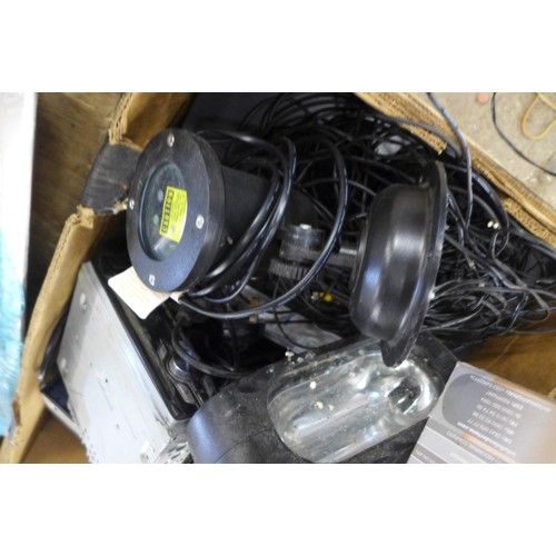 2387 - Two boxes of assorted electronics including lights, monitor, car radios and more