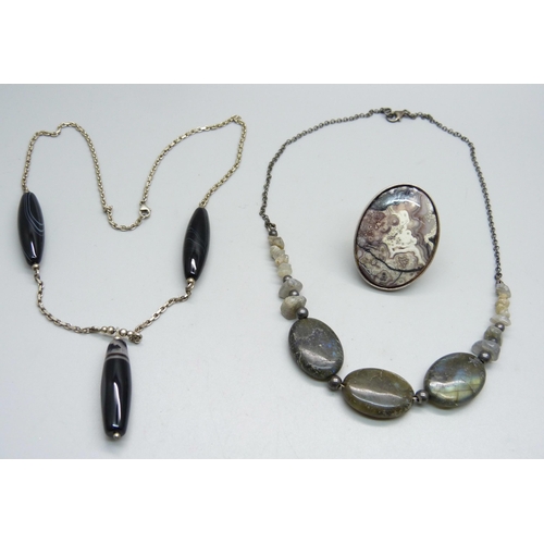 1021 - Two silver and hardstone necklaces and a hardstone ring size R