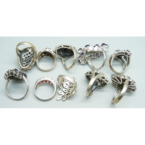 1031 - Ten silver 'chunky' rings, six amethyst set