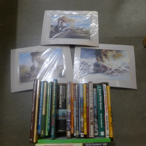 1057 - A box of locomotive books and three mounted prints **PLEASE NOTE THIS LOT IS NOT ELIGIBLE FOR POSTIN... 