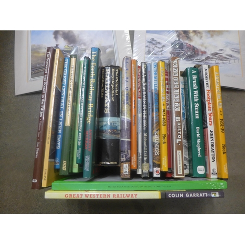 1057 - A box of locomotive books and three mounted prints **PLEASE NOTE THIS LOT IS NOT ELIGIBLE FOR POSTIN... 