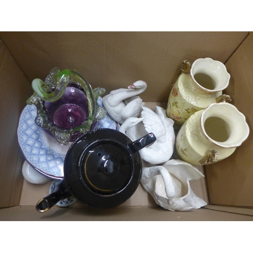 1091 - Mixed china, vases, swans, glass basket and a Victorian black teapot **PLEASE NOTE THIS LOT IS NOT E... 