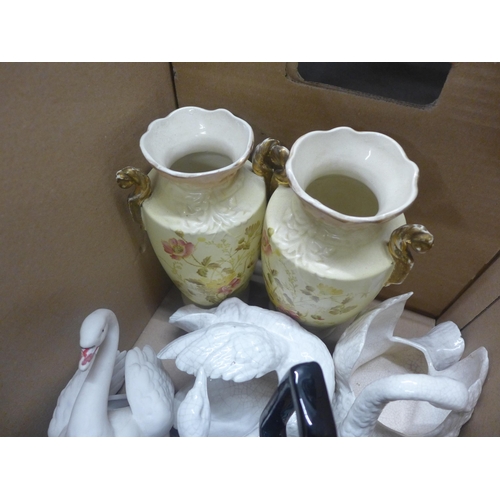 1091 - Mixed china, vases, swans, glass basket and a Victorian black teapot **PLEASE NOTE THIS LOT IS NOT E... 