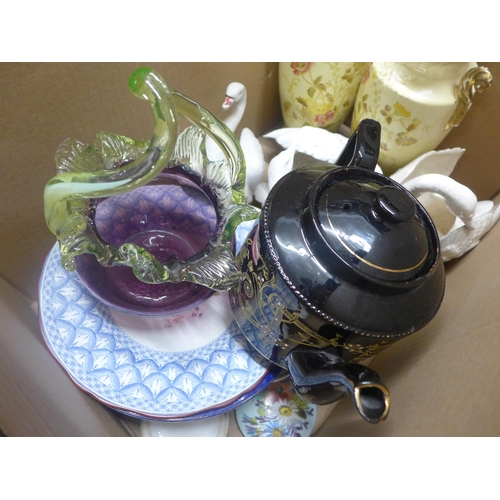 1091 - Mixed china, vases, swans, glass basket and a Victorian black teapot **PLEASE NOTE THIS LOT IS NOT E... 