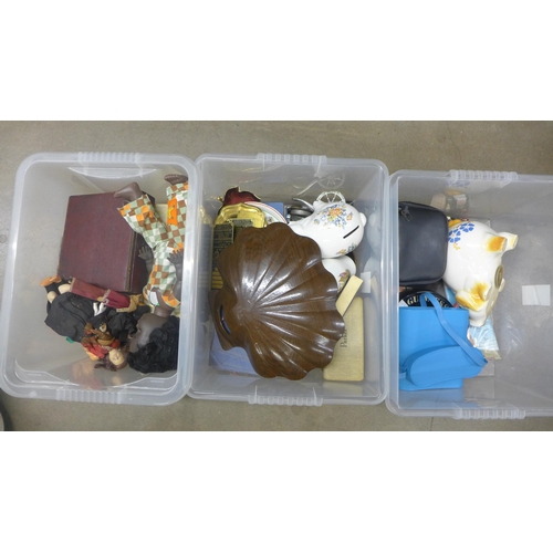 1094 - Three boxes of china, dolls, two pairs of binoculars, brassware, etc. **PLEASE NOTE THIS LOT IS NOT ... 