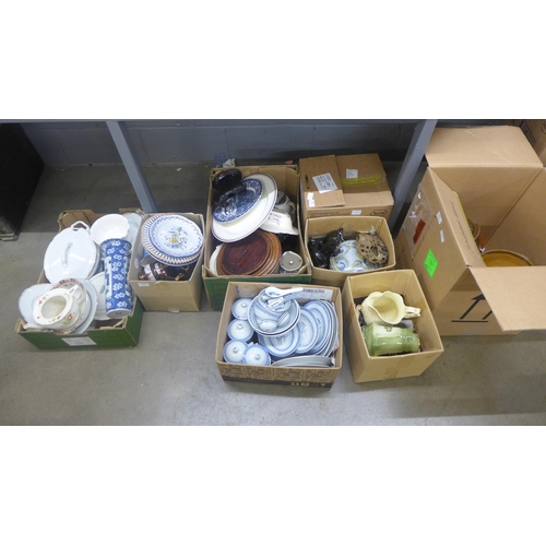 1097 - Eleven boxes of household items; jugs including Staffordshire and oriental design, assorted china in... 