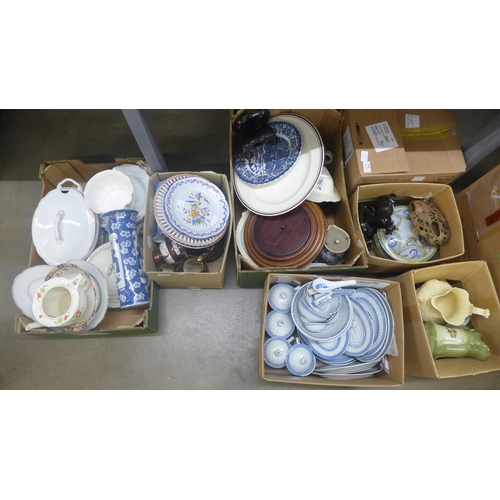 1097 - Eleven boxes of household items; jugs including Staffordshire and oriental design, assorted china in... 