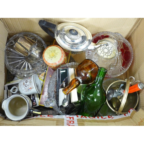 1104 - Two pressed glass bowls and two crystal bowls, a painted wooden glove box, a Denby Glyn Colledge pit... 