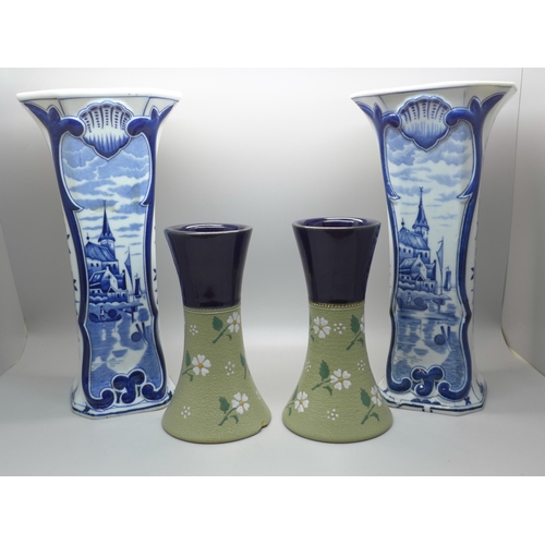 601 - A pair of Langley stoneware vases and a pair of Delft vases