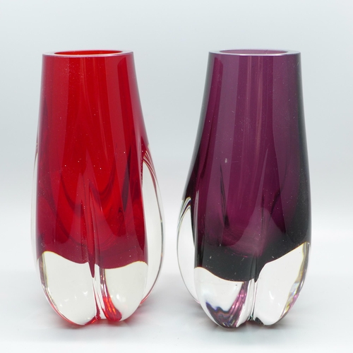 613 - A pair of 1970s Whitefriars lobed vases in aubergine and ruby red, designed by Geoffrey Baxter, patt... 