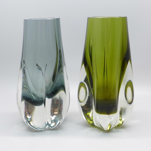 614 - A pair of 1970s Whitefriars lobed vases in sage green and indigo, designed by Geoffrey Baxter, patte... 