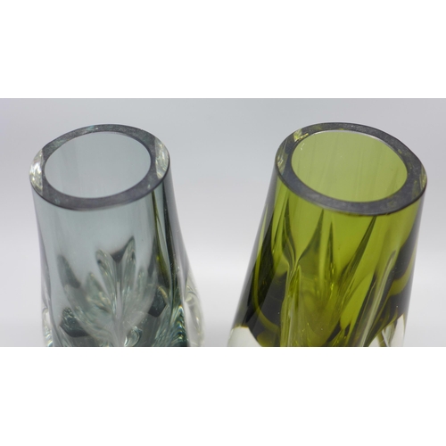 614 - A pair of 1970s Whitefriars lobed vases in sage green and indigo, designed by Geoffrey Baxter, patte... 