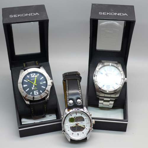 625 - Two Sekonda 200m diver's watches and one other wristwatch