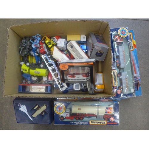 725 - Matchbox Superkings lorries, car transporter, EFE coach, etc., some boxed