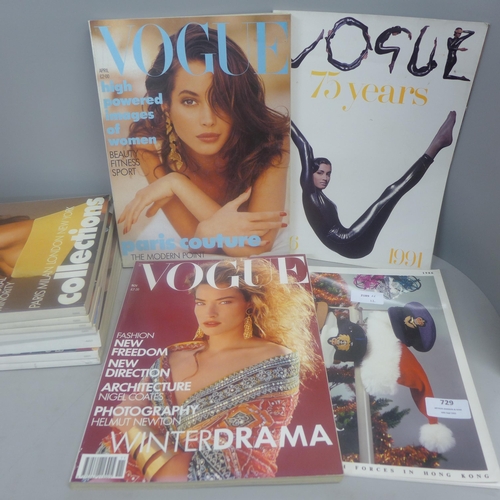 729 - Vintage 1988 Vogue magazines, Jan-Dec, nine issues, missing July, August and September includes two ... 