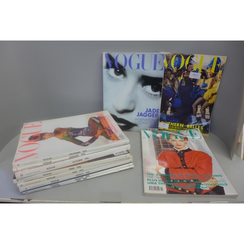 747 - Vintage 1990 Vogue magazines, Jan-Dec including rare January issue with five supermodel front cover