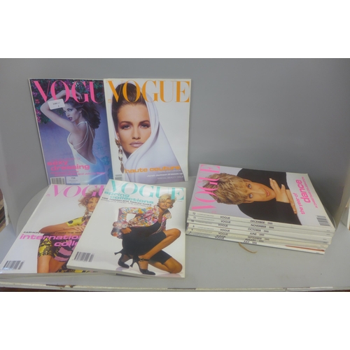 758 - Eleven vintage 1991 Vogue magazines, Feb-Dec missing Jan, including Princess Diana front page cover,... 