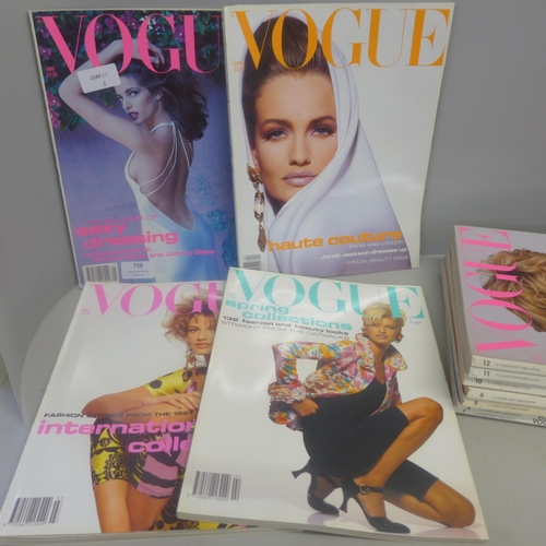 758 - Eleven vintage 1991 Vogue magazines, Feb-Dec missing Jan, including Princess Diana front page cover,... 