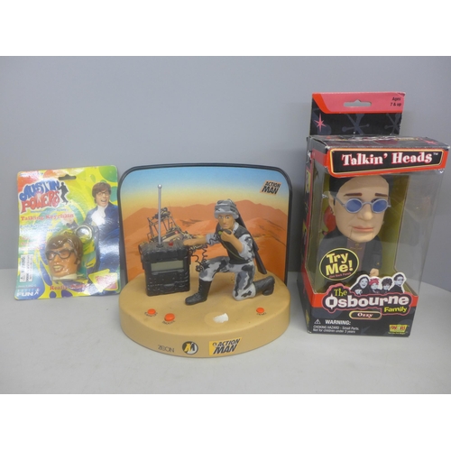 761 - An Action Man alarm clock, an Ozzy Talkin' Heads figure and an Austin Powers talking key chain