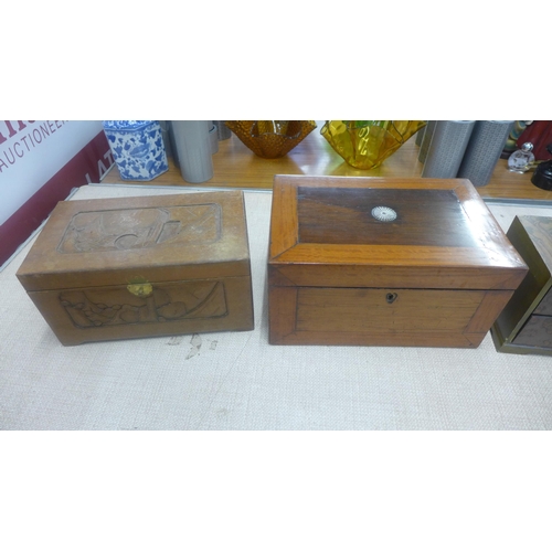 763 - Five wooden boxes; an Edwardian workbox set with mother of pearl, a Chinese two drawer cabinet, carv... 