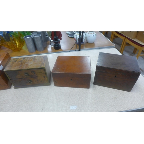 763 - Five wooden boxes; an Edwardian workbox set with mother of pearl, a Chinese two drawer cabinet, carv... 