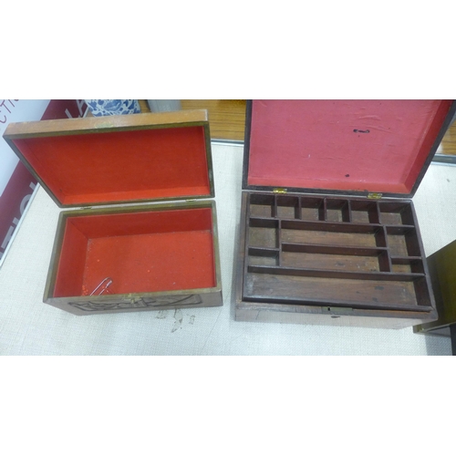 763 - Five wooden boxes; an Edwardian workbox set with mother of pearl, a Chinese two drawer cabinet, carv... 