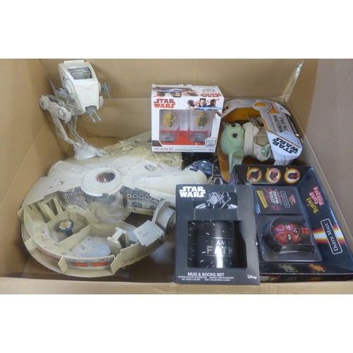 767 - A collection of Star Wars collectables; Millennium Falcon, a/f, Darth Maul Rubik's Cube, Mandalorian... 
