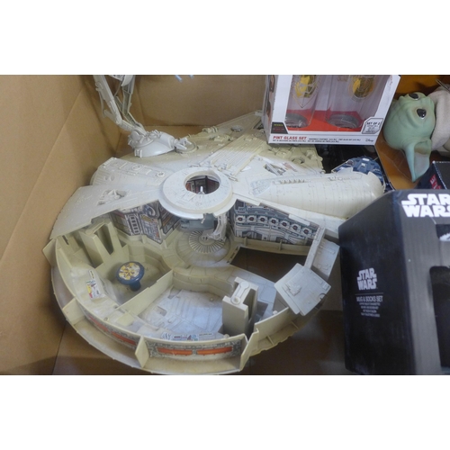 767 - A collection of Star Wars collectables; Millennium Falcon, a/f, Darth Maul Rubik's Cube, Mandalorian... 